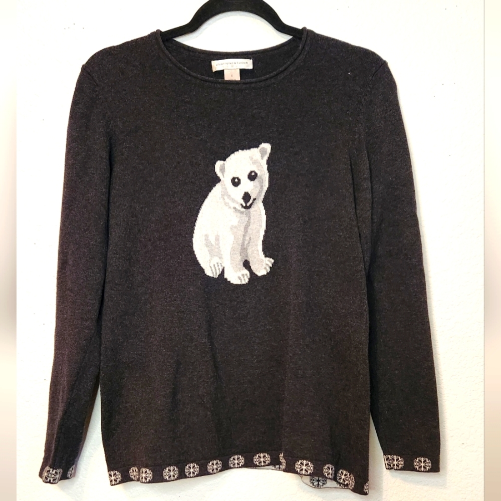 Christopher & Banks Gray Polar Bear Scoopneck 100% Cotton Sweater, Size S